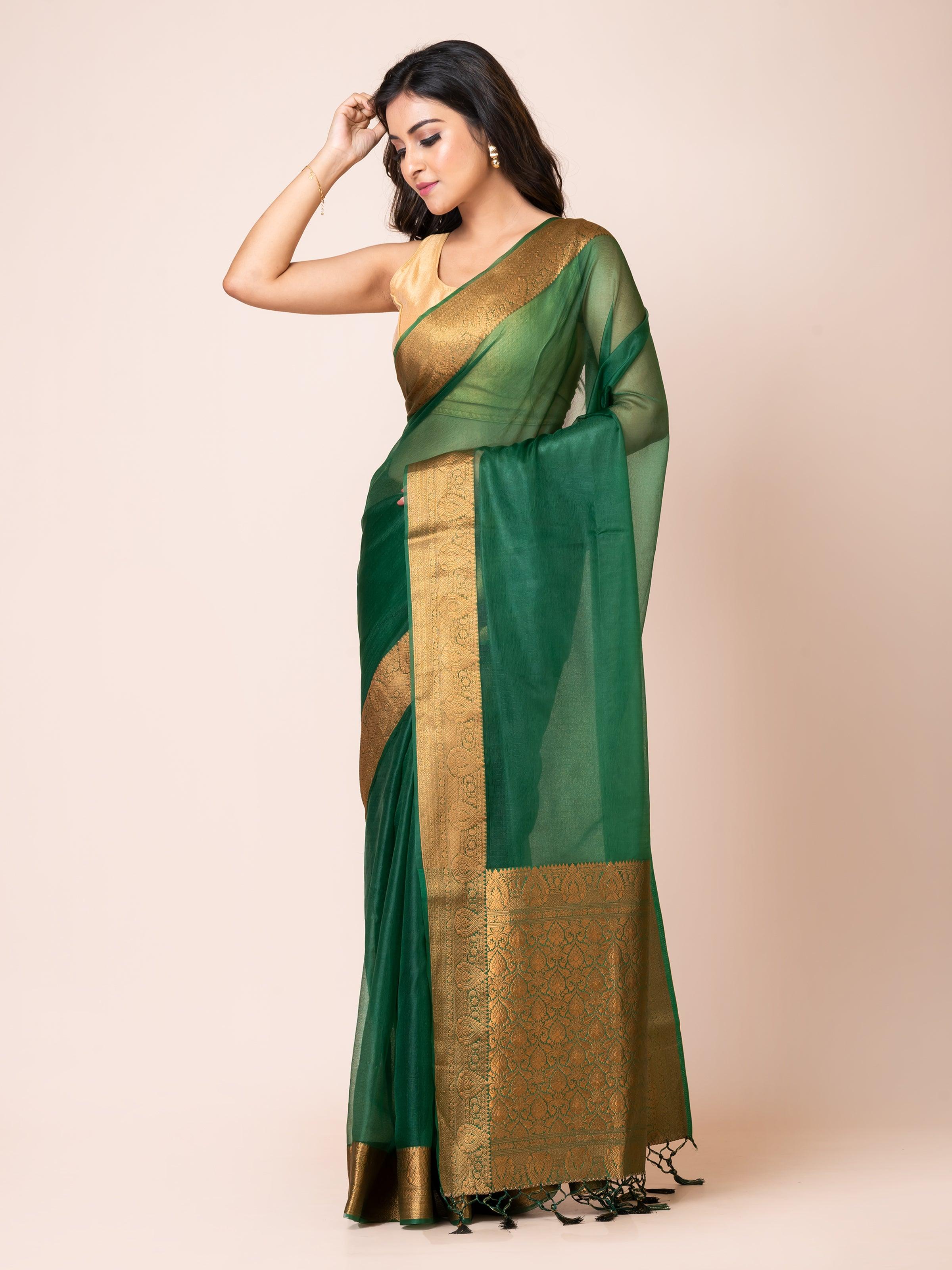 KAVVYA SOOTHING DEEP GREEN SOFT AND LIGHT WEIGHT BOLLYWOOD STYLE BENARASI ORGANZA WEAVING SILK SAREE - KAVVYA 