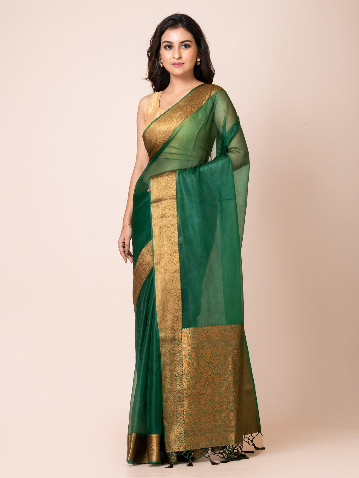 KAVVYA SOOTHING DEEP GREEN SOFT AND LIGHT WEIGHT BOLLYWOOD STYLE BENARASI ORGANZA WEAVING SILK SAREE - KAVVYA 