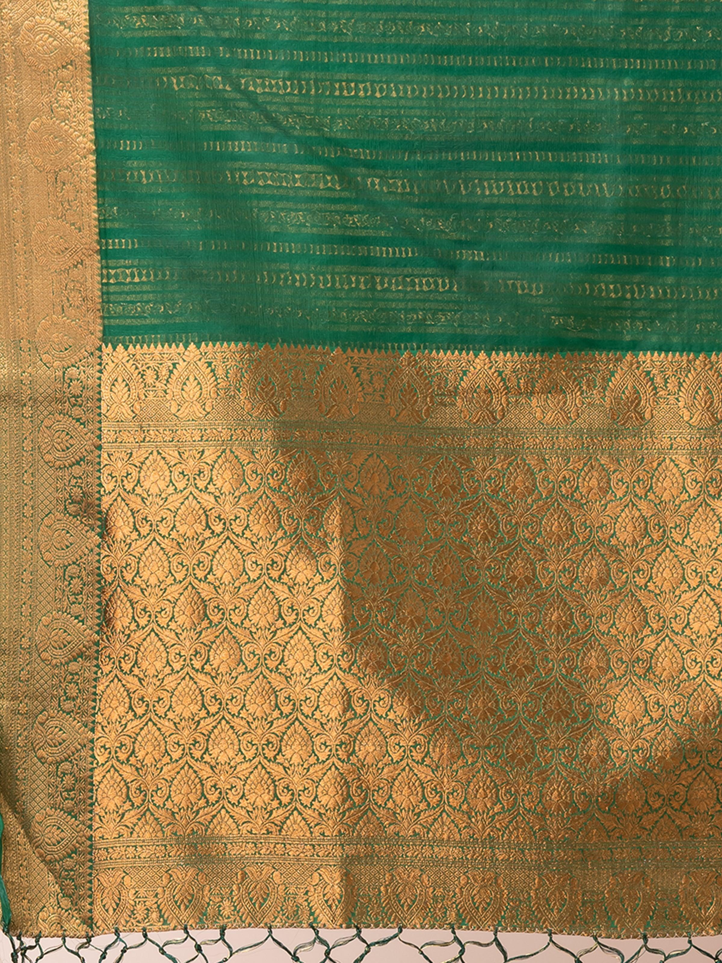 KAVVYA SOOTHING DEEP GREEN SOFT AND LIGHT WEIGHT BOLLYWOOD STYLE BENARASI ORGANZA WEAVING SILK SAREE - KAVVYA 