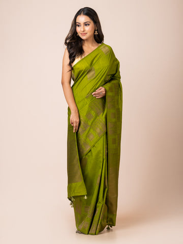 KAVVYA soft & lightweight green color benarasi handloom linen weaving silk saree