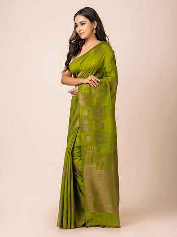 KAVVYA soft & lightweight green color benarasi handloom linen weaving silk saree