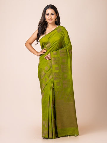 KAVVYA soft & lightweight green color benarasi handloom linen weaving silk saree