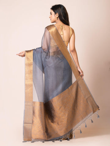 KAVVYA SOOTHING GREY SOFT AND LIGHT WEIGHT BOLLYWOOD STYLE BENARASI ORGANZA WEAVING SILK SAREE - KAVVYA 