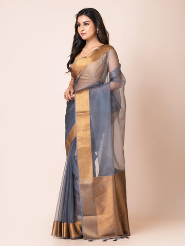 KAVVYA SOOTHING GREY SOFT AND LIGHT WEIGHT BOLLYWOOD STYLE BENARASI ORGANZA WEAVING SILK SAREE - KAVVYA 