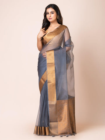 KAVVYA SOOTHING GREY SOFT AND LIGHT WEIGHT BOLLYWOOD STYLE BENARASI ORGANZA WEAVING SILK SAREE - KAVVYA 