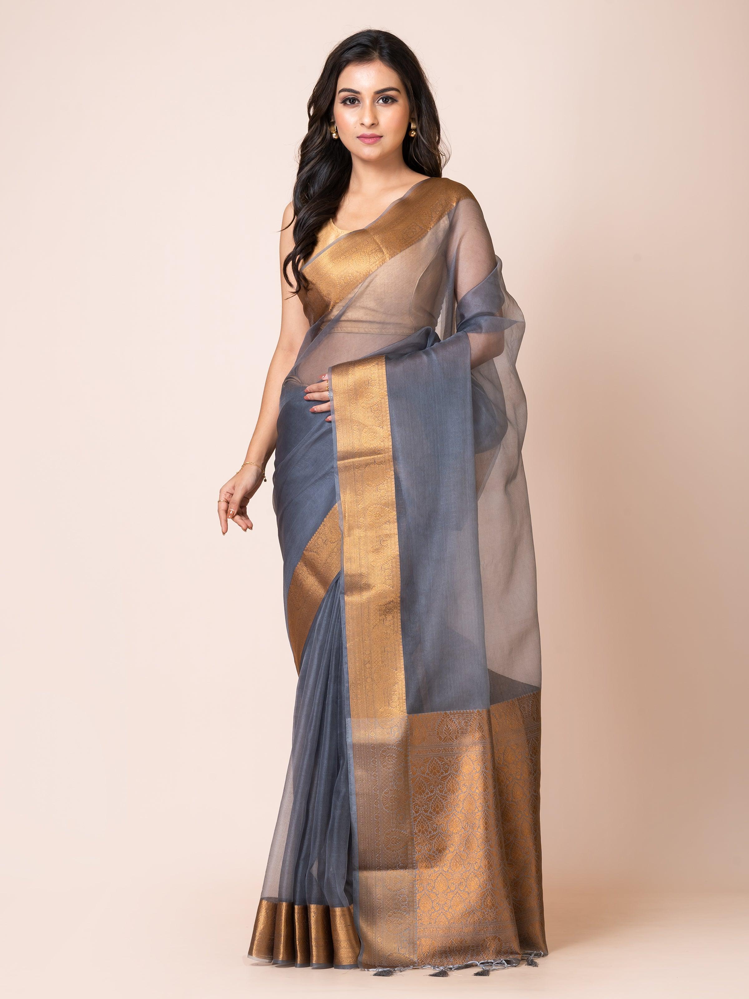 KAVVYA SOOTHING GREY SOFT AND LIGHT WEIGHT BOLLYWOOD STYLE BENARASI ORGANZA WEAVING SILK SAREE - KAVVYA 