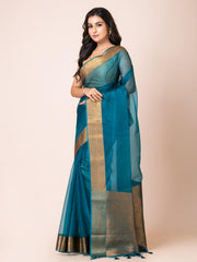 KAVVYA SOOTHING BLUE SOFT AND LIGHT WEIGHT BOLLYWOOD STYLE BENARASI ORGANZA WEAVING SILK SAREE - KAVVYA 