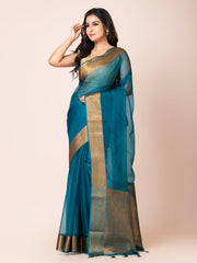 KAVVYA SOOTHING BLUE SOFT AND LIGHT WEIGHT BOLLYWOOD STYLE BENARASI ORGANZA WEAVING SILK SAREE - KAVVYA 