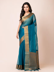 KAVVYA SOOTHING BLUE SOFT AND LIGHT WEIGHT BOLLYWOOD STYLE BENARASI ORGANZA WEAVING SILK SAREE - KAVVYA 