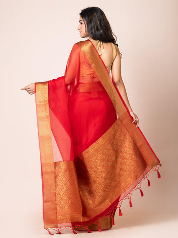 KAVVYA SOOTHING RED SOFT AND LIGHT WEIGHT BOLLYWOOD STYLE BENARASI ORGANZA WEAVING SILK SAREE - KAVVYA 