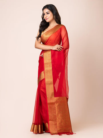 KAVVYA SOOTHING RED SOFT AND LIGHT WEIGHT BOLLYWOOD STYLE BENARASI ORGANZA WEAVING SILK SAREE - KAVVYA 