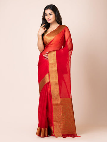 KAVVYA SOOTHING RED SOFT AND LIGHT WEIGHT BOLLYWOOD STYLE BENARASI ORGANZA WEAVING SILK SAREE - KAVVYA 