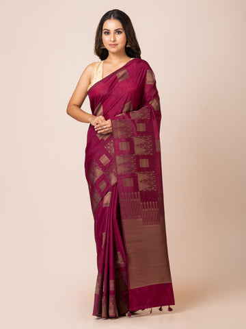 KAVVYA soft & lightweight wine color benarasi handloom linen weaving silk saree