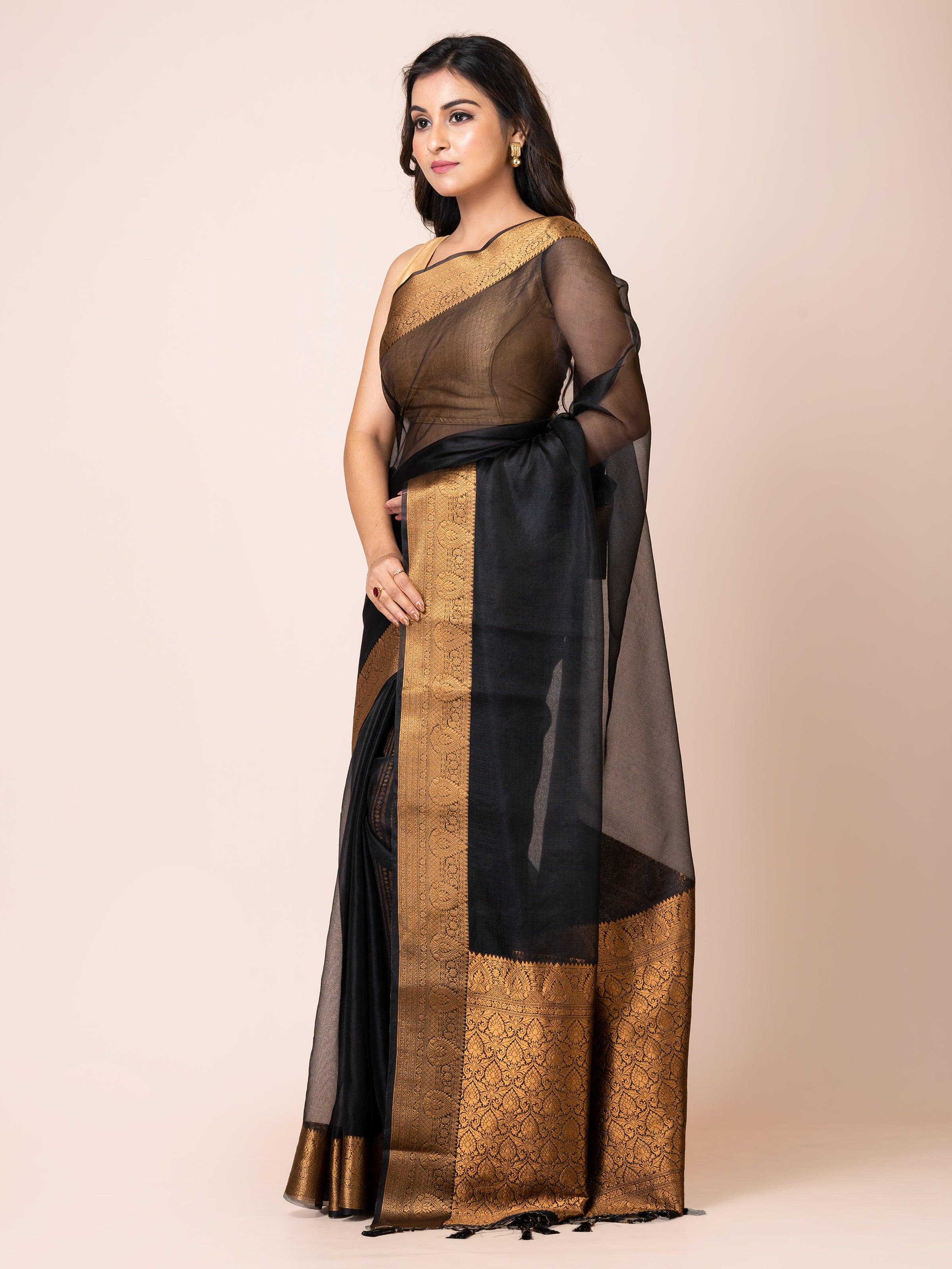 KAVVYA SOOTHING BLACK SOFT AND LIGHT WEIGHT BOLLYWOOD STYLE BENARASI ORGANZA WEAVING SILK SAREE - KAVVYA 