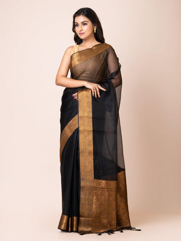 KAVVYA SOOTHING BLACK SOFT AND LIGHT WEIGHT BOLLYWOOD STYLE BENARASI ORGANZA WEAVING SILK SAREE - KAVVYA 