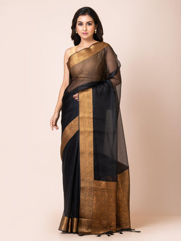 KAVVYA SOOTHING BLACK SOFT AND LIGHT WEIGHT BOLLYWOOD STYLE BENARASI ORGANZA WEAVING SILK SAREE - KAVVYA 