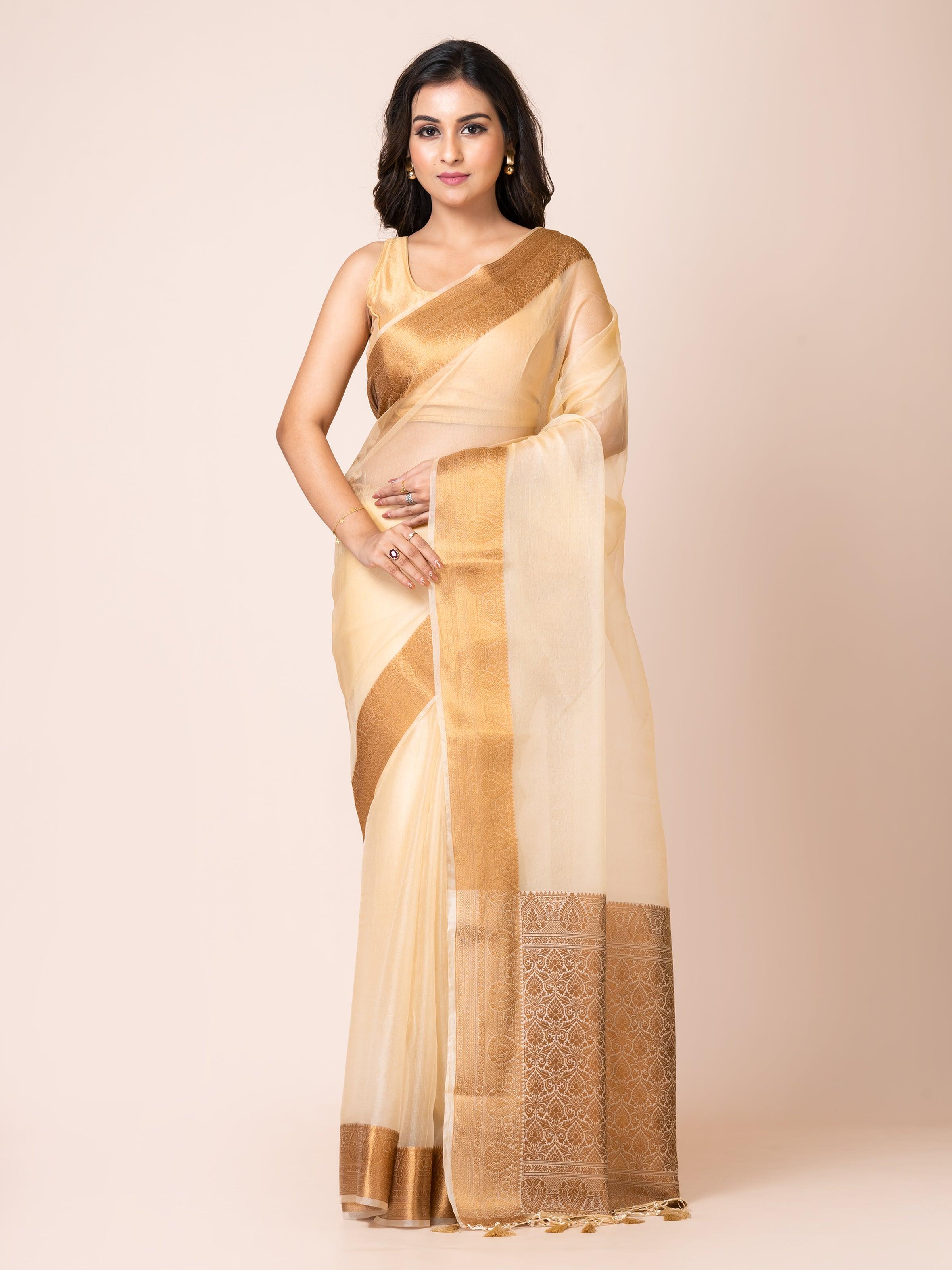 KAVVYA SOOTHING CREAM SOFT AND LIGHT WEIGHT BOLLYWOOD STYLE BENARASI ORGANZA WEAVING SILK SARE - KAVVYA 