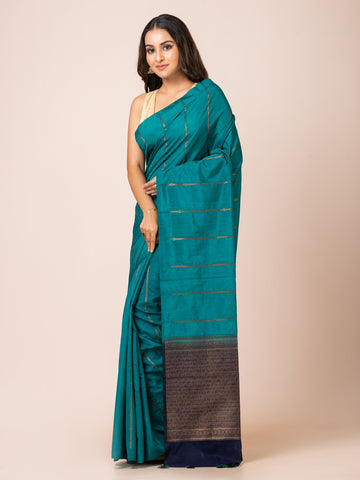 KAVVYA soft & Lightweight teal blue color Soft & Lightweight benarasi handloom weaving silk saree