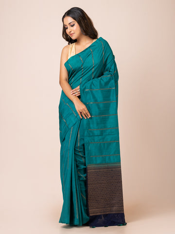 KAVVYA soft & Lightweight teal blue color Soft & Lightweight benarasi handloom weaving silk saree