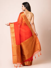 KAVVYA SOOTHING RUST ORANGE SOFT AND LIGHT WEIGHT BOLLYWOOD STYLE BENARASI ORGANZA WEAVING SILK SAREE - KAVVYA 