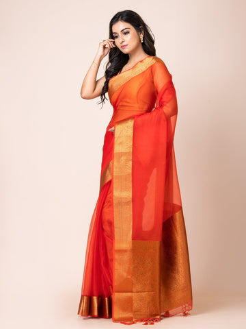 KAVVYA SOOTHING RUST ORANGE SOFT AND LIGHT WEIGHT BOLLYWOOD STYLE BENARASI ORGANZA WEAVING SILK SAREE - KAVVYA 