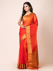 KAVVYA SOOTHING RUST ORANGE SOFT AND LIGHT WEIGHT BOLLYWOOD STYLE BENARASI ORGANZA WEAVING SILK SAREE - KAVVYA 