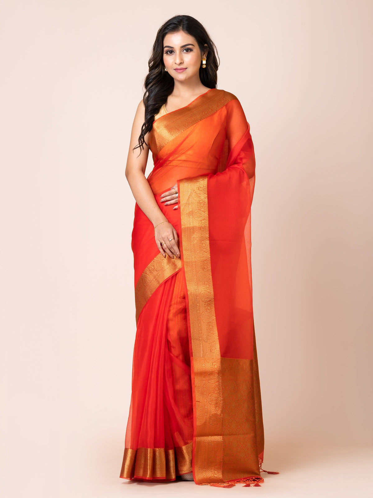 KAVVYA SOOTHING RUST ORANGE SOFT AND LIGHT WEIGHT BOLLYWOOD STYLE BENARASI ORGANZA WEAVING SILK SAREE - KAVVYA 