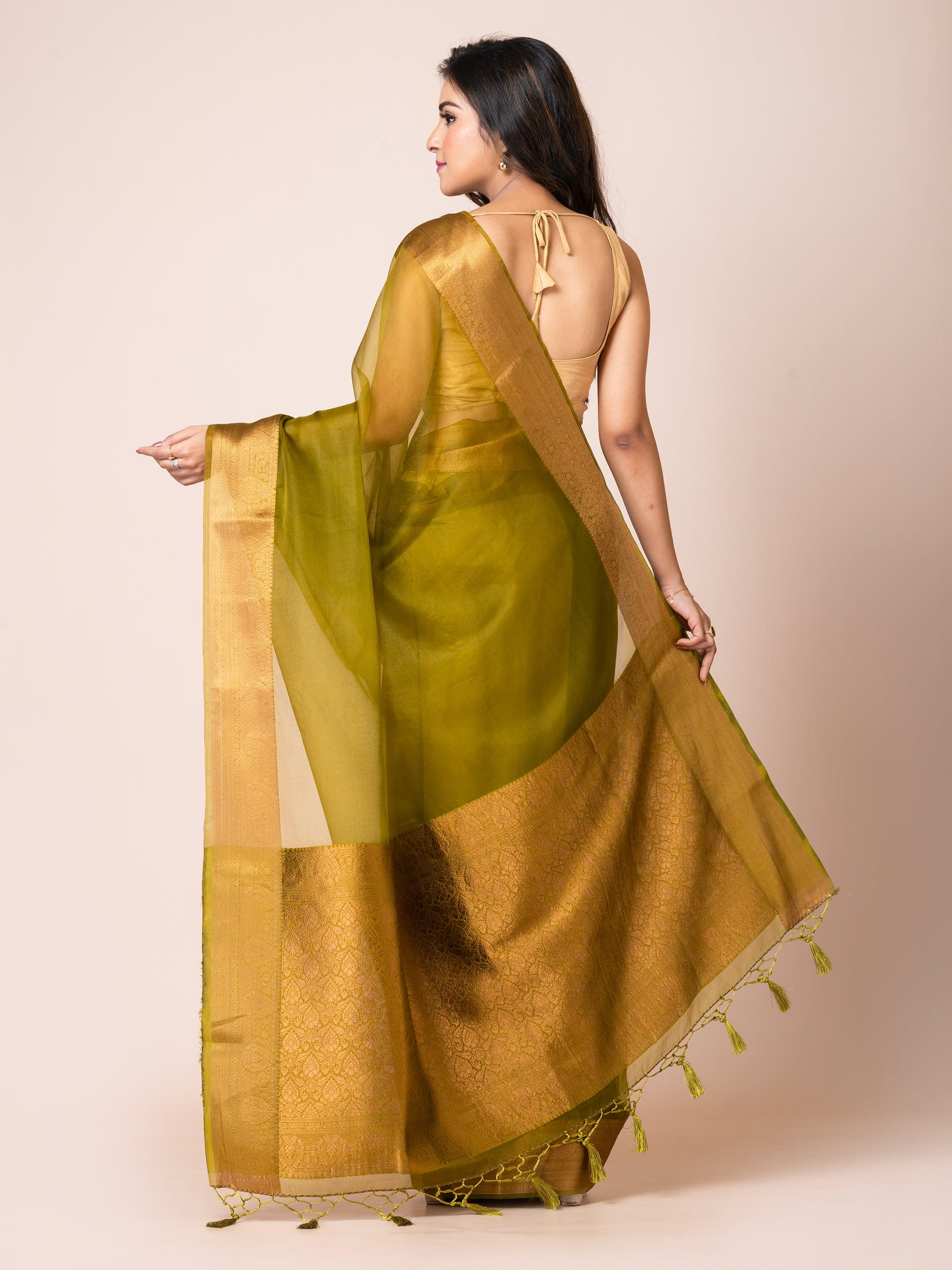 KAVVYA SOOTHING MEHANDI GREEN SOFT AND LIGHT WEIGHT BOLLYWOOD STYLE BENARASI ORGANZA WEAVING SILK SAREE - KAVVYA 