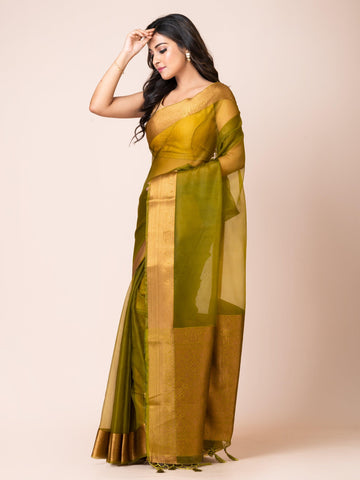 KAVVYA SOOTHING MEHANDI GREEN SOFT AND LIGHT WEIGHT BOLLYWOOD STYLE BENARASI ORGANZA WEAVING SILK SAREE - KAVVYA 