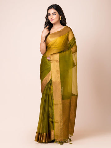 KAVVYA SOOTHING MEHANDI GREEN SOFT AND LIGHT WEIGHT BOLLYWOOD STYLE BENARASI ORGANZA WEAVING SILK SAREE - KAVVYA 