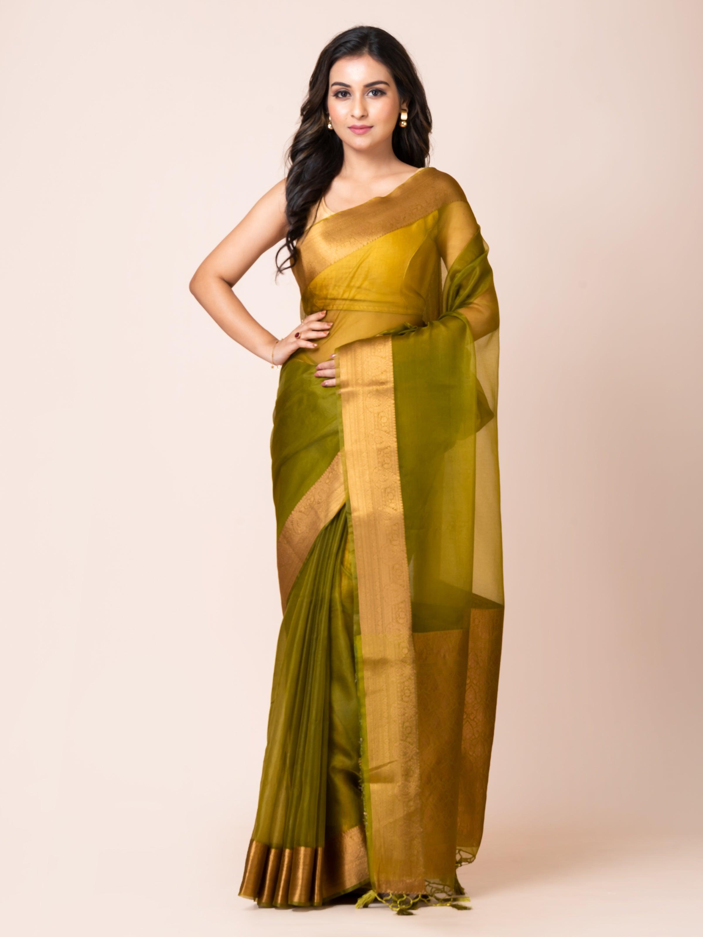 KAVVYA SOOTHING MEHANDI GREEN SOFT AND LIGHT WEIGHT BOLLYWOOD STYLE BENARASI ORGANZA WEAVING SILK SAREE - KAVVYA 