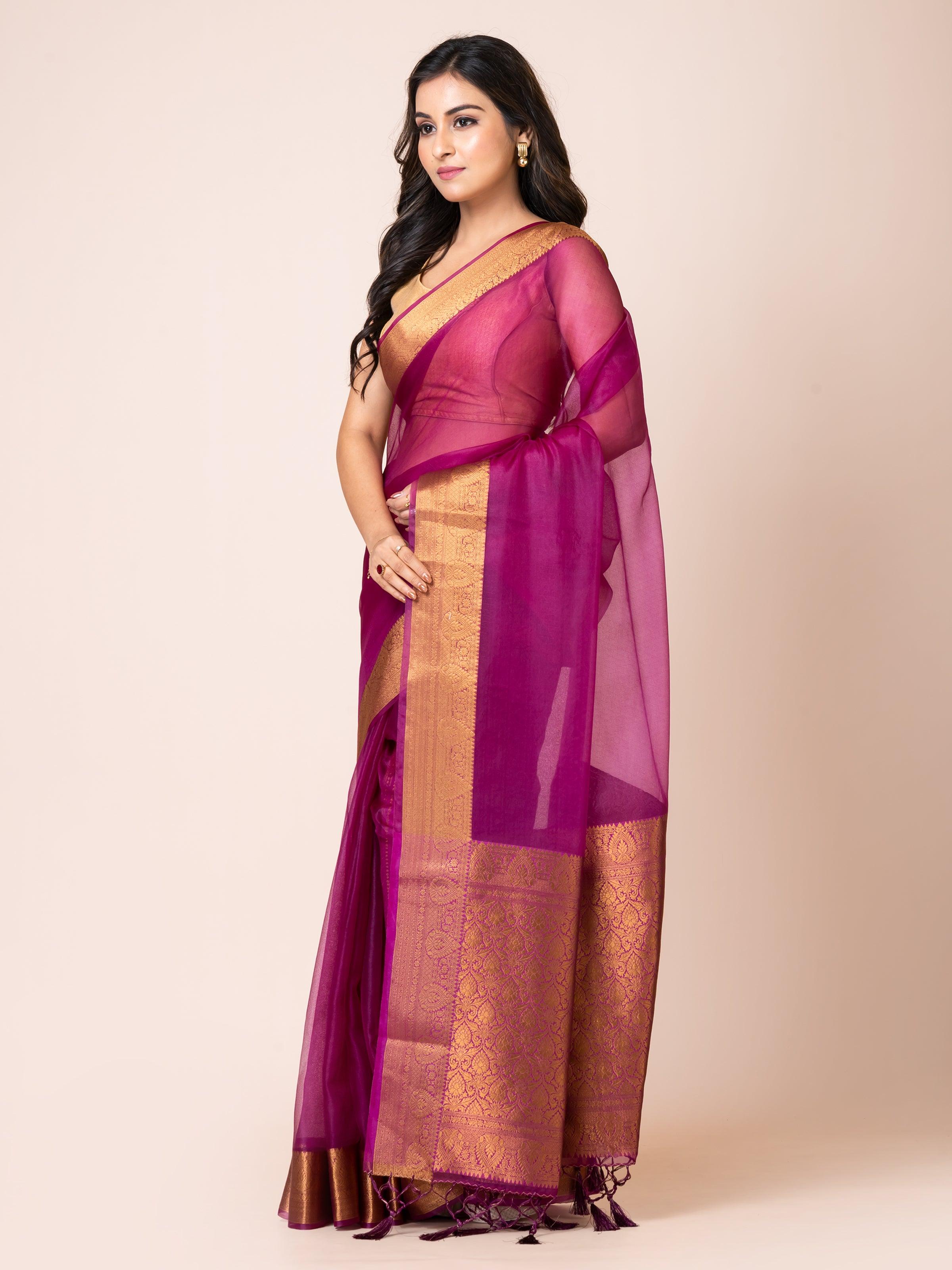 KAVVYA SOOTHING PURPLE SOFT AND LIGHT WEIGHT BOLLYWOOD STYLE BENARASI ORGANZA WEAVING SILK SAREE - KAVVYA 