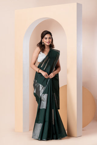 KAVVYA SOFT & LIGHT WEIGHT DARK GREEN HANDLOOM WEAVED TUSSAR SAREE WITH BEAUTIFUL GEMOTRIC FIGURES IN THE SAREE SAME COLOUR BLOUSE AND HEAVY PALLU
