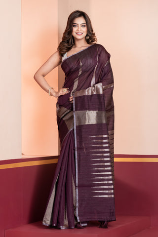 KAVVYA SOFT & LIGHT WEIGHT WINE HANDLOOM  ROSE GOLD ZARI WEAVING SAREE IN TUSSAR FABRIC WITH BIG TEMPLE  MOTIFS ALLOVER THE SAREE