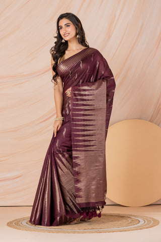 KAVVYA SOFT & LIGHT WEIGHT WINEHANDLOOM WEAVING LINEN SAREE WITH SILK ZARI WEAVING TEMPLE DESIGN ALL OVER THE SAREE WITH SAME COLOUR BLOUSE