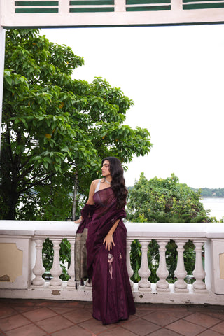 KAVVYA SOFT & LIGHT WEIGHT WINE HANDLOON WEAVING TUSSAR SAREE WITH BEAUTIFUL BIG FLORAL MOTIFS IN SILVER ZARI WITH CONTRAST PALLU AND BLOUSE