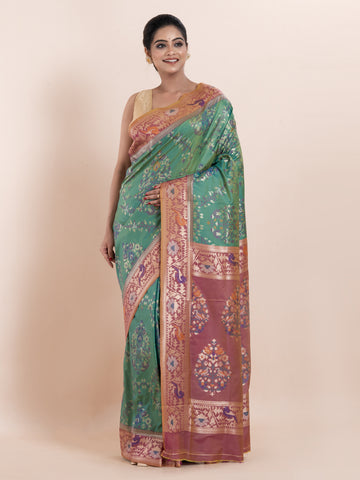 KAVVYA SOFT & LIGHT WEIGHT TWO TONE GREEN IKAT SILK SAREE