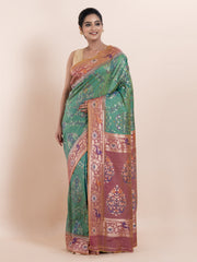 KAVVYA SOFT & LIGHT WEIGHT TWO TONE GREEN IKAT SILK SAREE