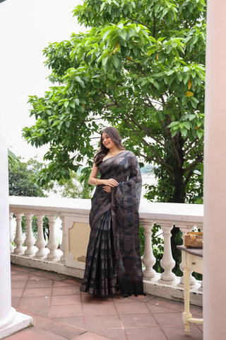KAVVYA SOFT & LIGHT WEIGHT BLACK HANDLOOM TUSSAR SILK SAREE WITH BEAUTIFUL ABSTRACK TEMPLE MOTIF ALL OVER THE SAREE WITH HEAVY PALLU N BLOUSE