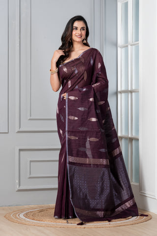 KAVVYA SOFT & LIGHT WEIGHT WINE HANDLOOM TUSSAR SAREE WITH SMALL GOLDEN N SILVER ZARI LEAF MOTIFS ALLOVER THE SAREE COMES WITH HEAVY PALLU AND SAME COLOUR BLOUSE