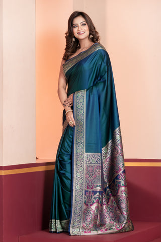 KAVVYA SOFT & LIGHT WEIGHT  SILK BLUE SAREE WITH BEAUTIFUL WEAVES IN BORDER AND PALLU WITH MULTICOLOUR RESHAM COMES WITH HEAVY SILK BLOUSE WITH HEAVY WEAVES