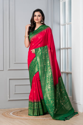 KAVVYA SOFT & LIGHT WEIGHT ROSE PINK SILK SAREE WITH CONTRAST GREEN BORDER