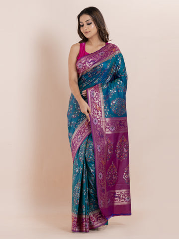 KAVVYA SOFT & LIGHT WEIGHT TWO TONE BLUE IKAT SILK SAREE