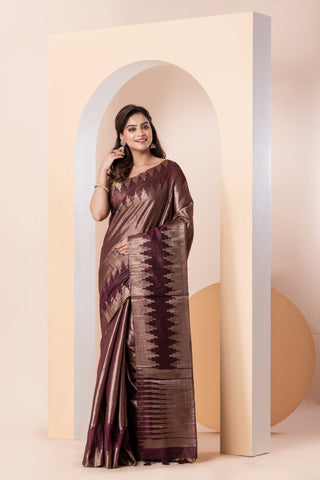 KAVVYA SOFT & LIGHT WEIGHT WINE HANDLOOM SAREE WITH ALLOVER GOLDEN ZARI WEAVING ,BIG TEMPLE BORDER AND PALLU COMES WITH SAME COLOUR HEAVY BLOU