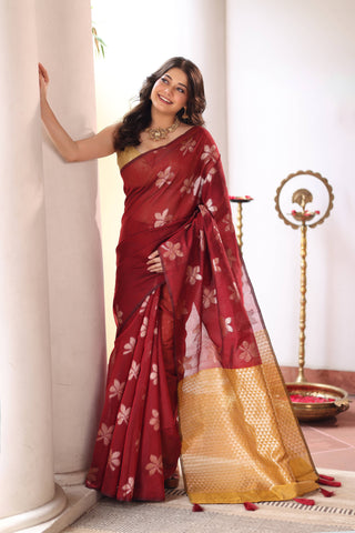 KAVVYA SOFT & LIGHT WEIGHT MAROON HANDLOOM SAREE WITH FLORAL WEAVES IN BODY WITH CONTRAST MUSTARD HEAVY PALLU N BLOUSE
