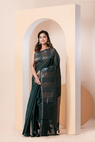 KAVVYA SOFT & LIGHT WEIGHT DARK GREEN HANDLOOM  ROSE GOLD ZARI WEAVING SAREE IN TUSSAR FABRIC WITH BIG TEMPLE  MOTIFS ALLOVER THE SAREE