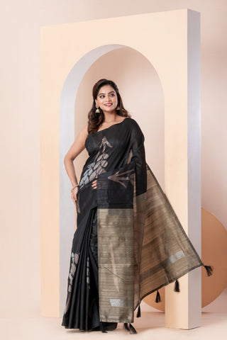 KAVVYA SOFT & LIGHT WEIGHT BOTTLE GREEN HANDLOOM WEAVED SAREE WITH BRONZE FLORAL MOTIF ALL OVER THE SAREE WITH CONTRAST OLIVE GREEN PALLU AND BLOUSE