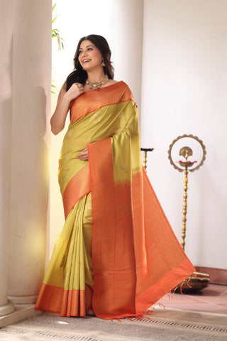 KAVVYA SOFT & LIGHT WEIGHT GREEN SILK SAREE WITH BEAUTIFUL BIRD MOTIFS COMES WITH CONTRAST ORANGE HEAVY WEAVING BORDER AND PALLU