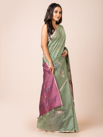 KAVVYA Soft & Lightweight mint greencolor benarasi handloom linen weaving silk saree