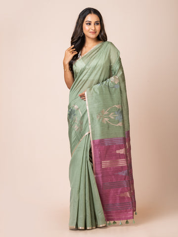 KAVVYA Soft & Lightweight mint greencolor benarasi handloom linen weaving silk saree